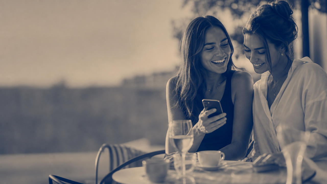 Dos amigas compartiendo Triumfy en un teléfono