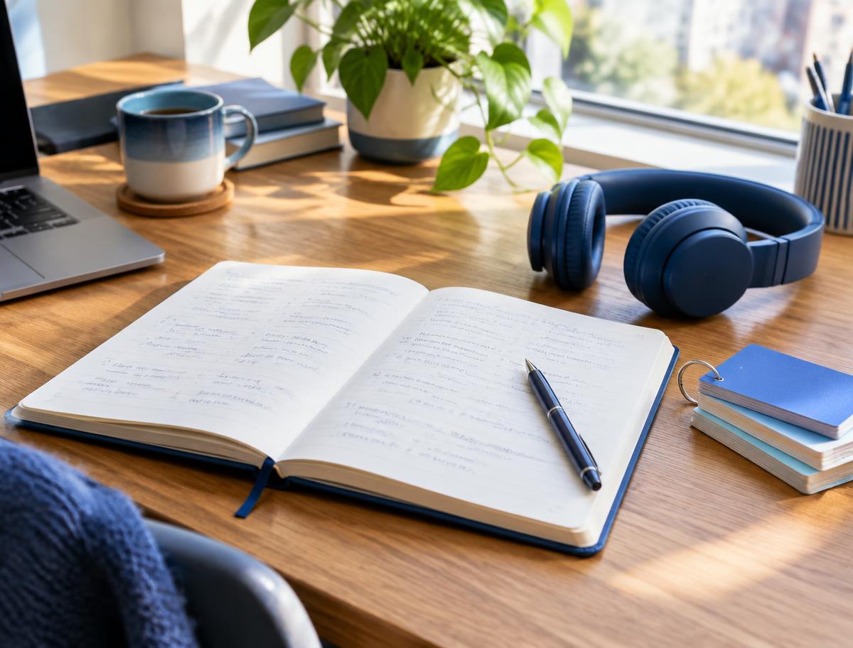 Cuaderno de estudio abierto y audífonos azules sobre un escritorio luminoso